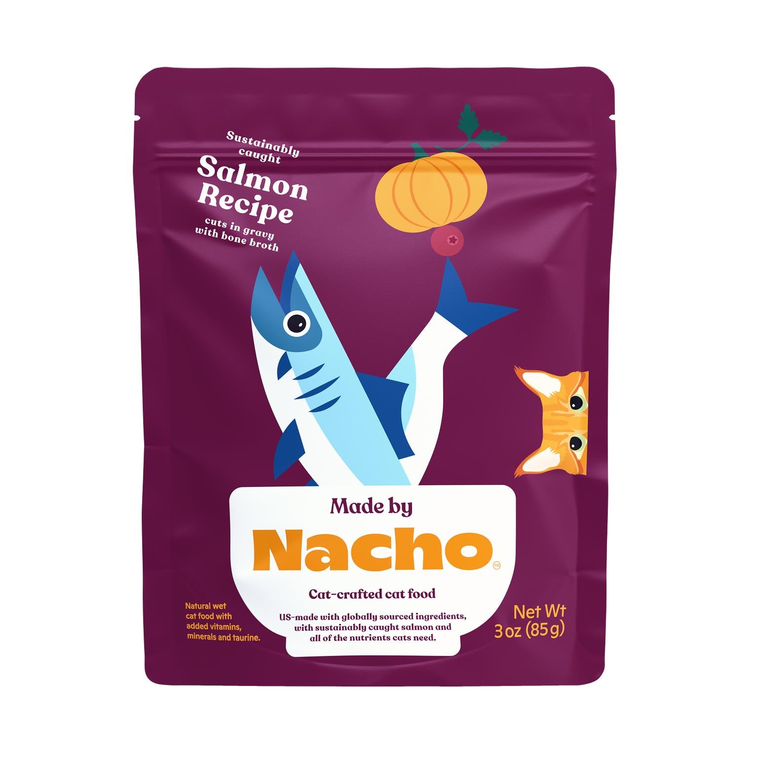 Made by Nacho Salmon and Gravy Cuts in Bone Broth Wet Cat Food Pouch - 3 Oz - Case of 24  