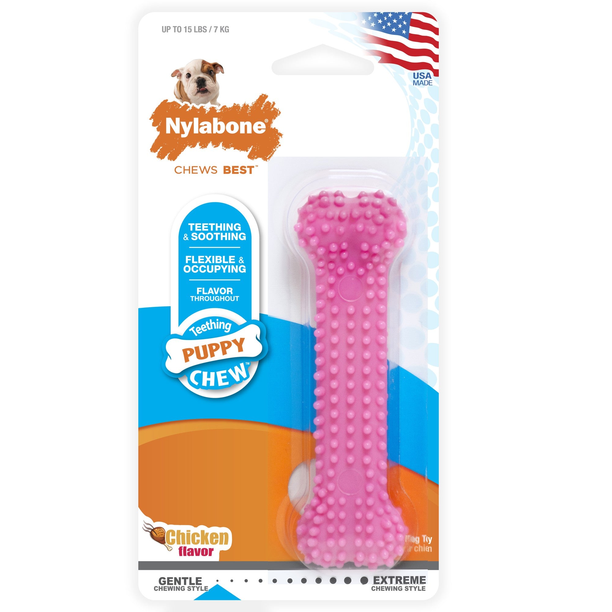 Nylabone Textured Bone Teething Puppy Chicken Flavored Nylon Chew Dog Toy - Pink - Extra Small/Petite
