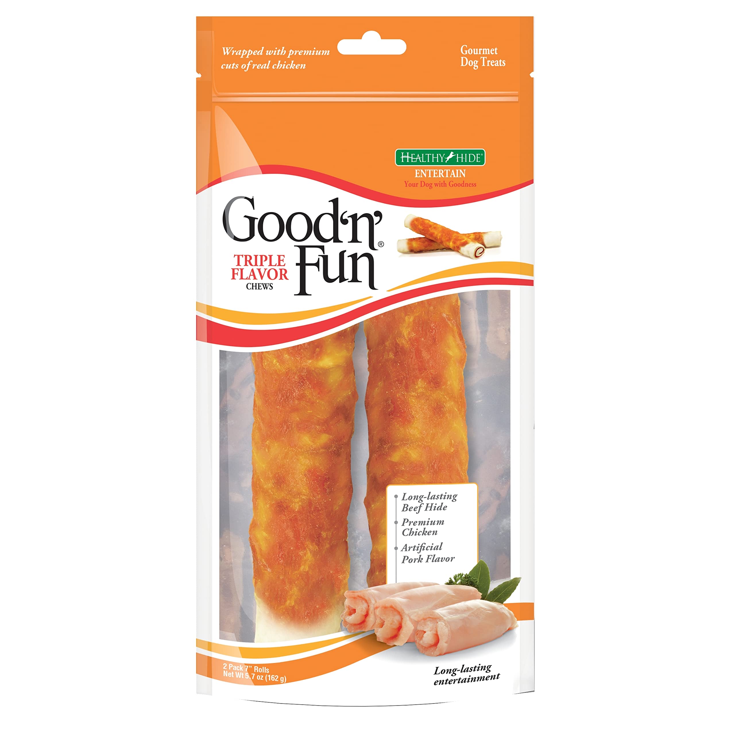 Healthy Hide Salix Good N' Fun Triple Flavor Pork Beef and Chicken Roll Rawhide Natural Dog Chews - 7