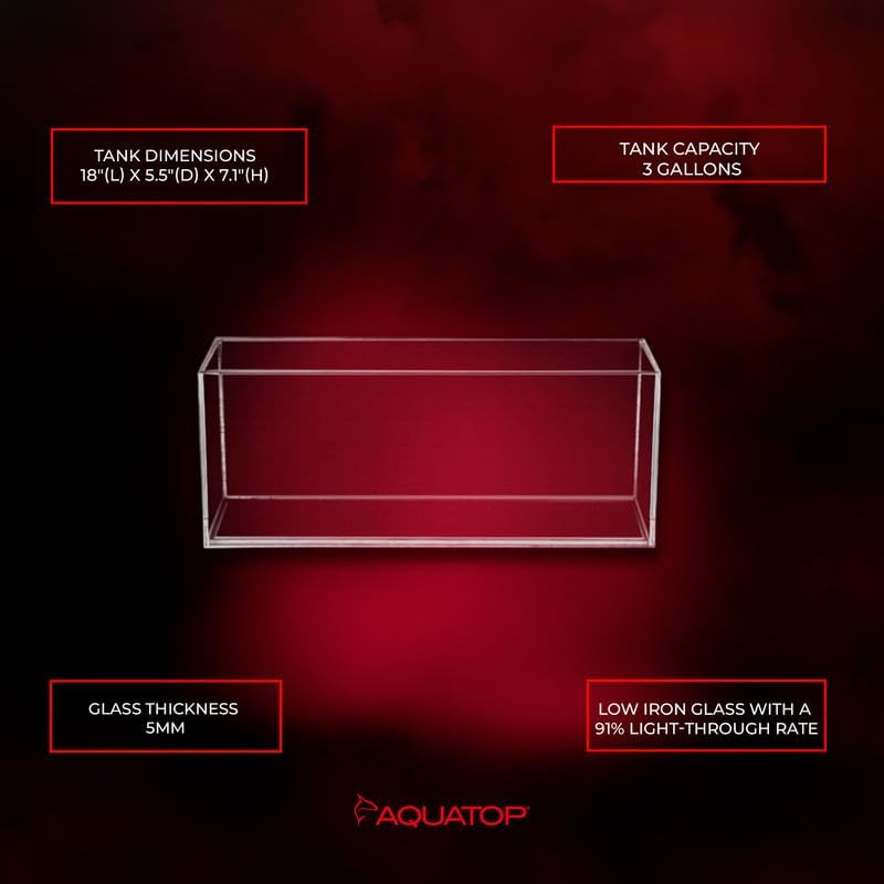 Aquatop Bookshelf-Style Long Clear Glass Aquarium - 3 Gallons - L: 7.1 X W: 18 X H: 5.5 Inches