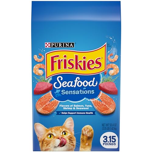 Purina Friskies Seafood Sensations Salmon Tuna Shrimp and Seaweed Adult Dry Cat Food - 3.15 Lbs - Case of 4  