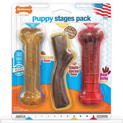 Nylabone Puppy Stages Triple Pack Nylon Wood and Bacon Beef and Chicken Flavor Puppy Chew Dog Toy - Medium - 3 Pack
