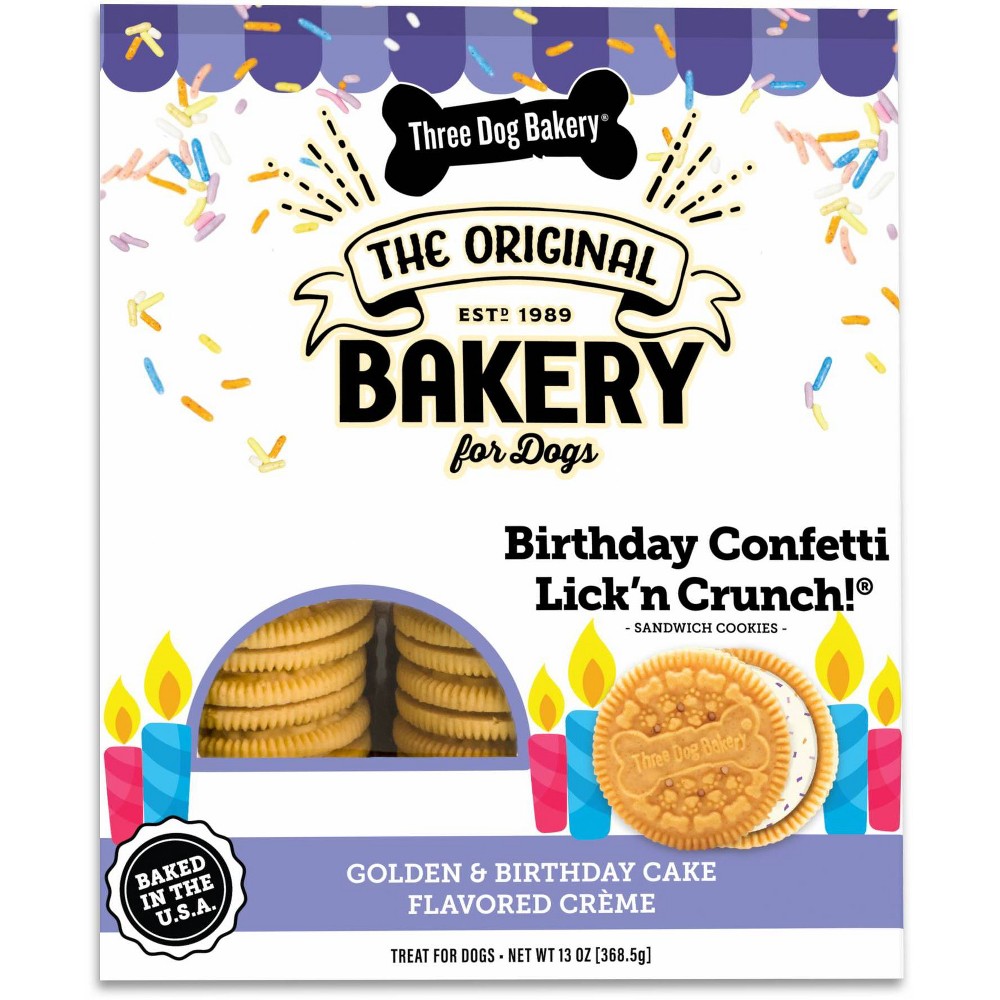 Three Dog Bakery Lik'n Crunch Birthday Confetti Golden Cookies with Vanilla Filling Crunchy Dog Treats - 13 Oz - Case of 6