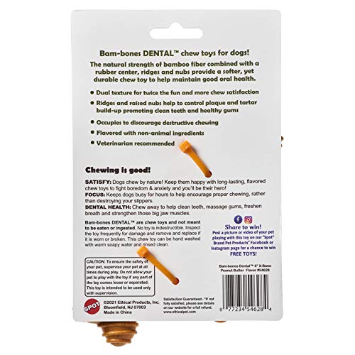 Ethical SPOT Bam-Bones X-Bone Peanut Butter Flavored Bamboo and Rubber Dental Chew Dog Toy - Small - 6 Inch