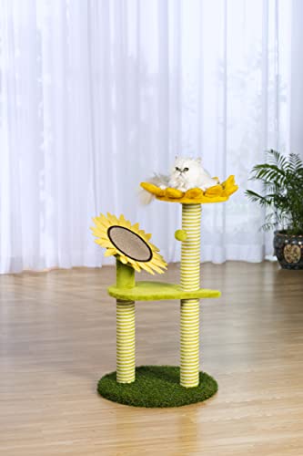 Prevue Pet Products Kitty Power Paws Sunflower Playground 2-Level Furniture Cat Scratching Post - L:19.2 X W:19.2 X H:36.6 Inches