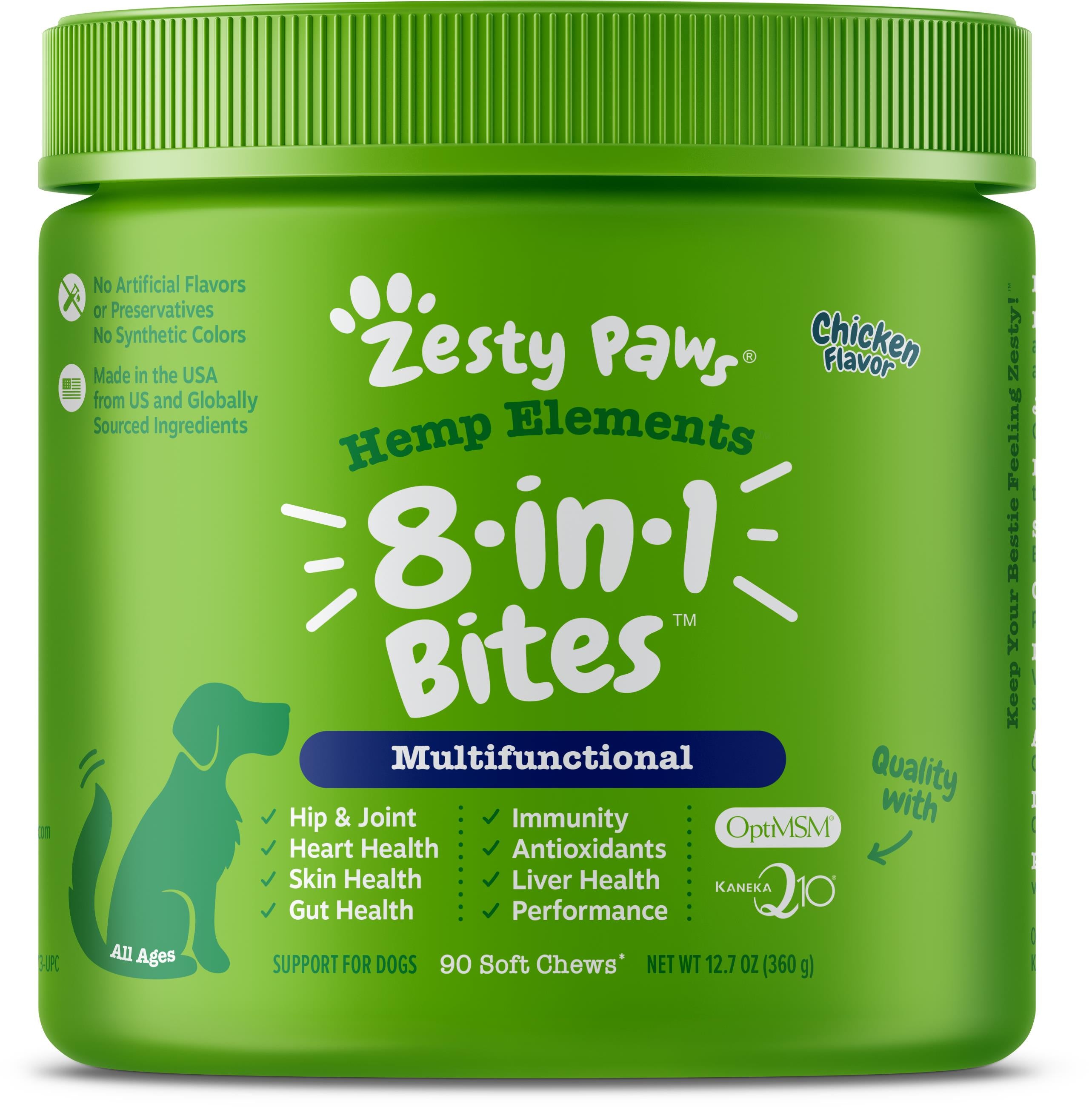 Zesty Paws Hemp Elements 8-in-1 Multifunctional Bites Chicken Flavor Soft Chew Dog Supplements - 90 Count  