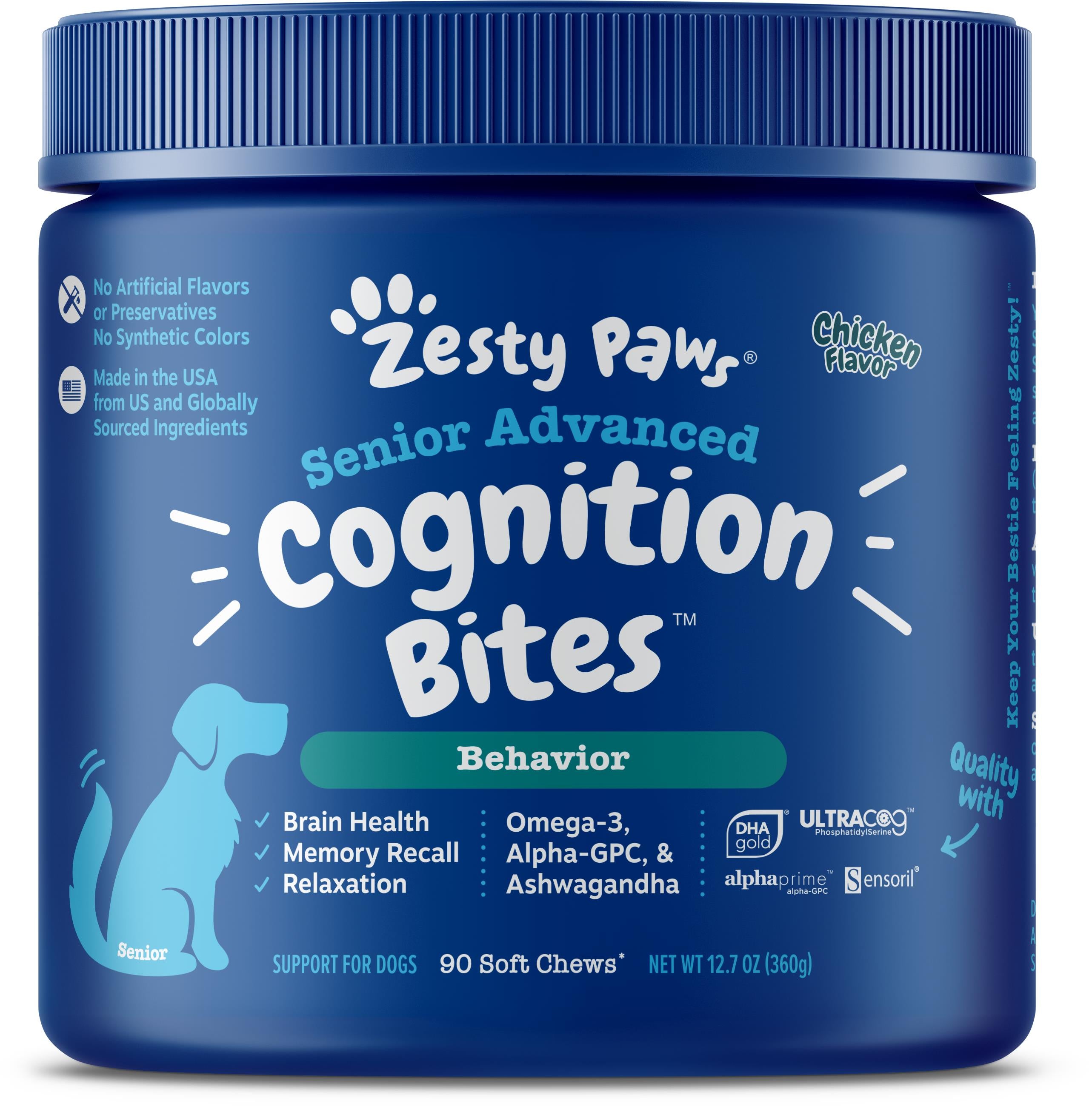 Zesty Paws Senior Advanced Cognition Bites Chicken Flavor Soft Chew Dog Supplements - 90 Count  