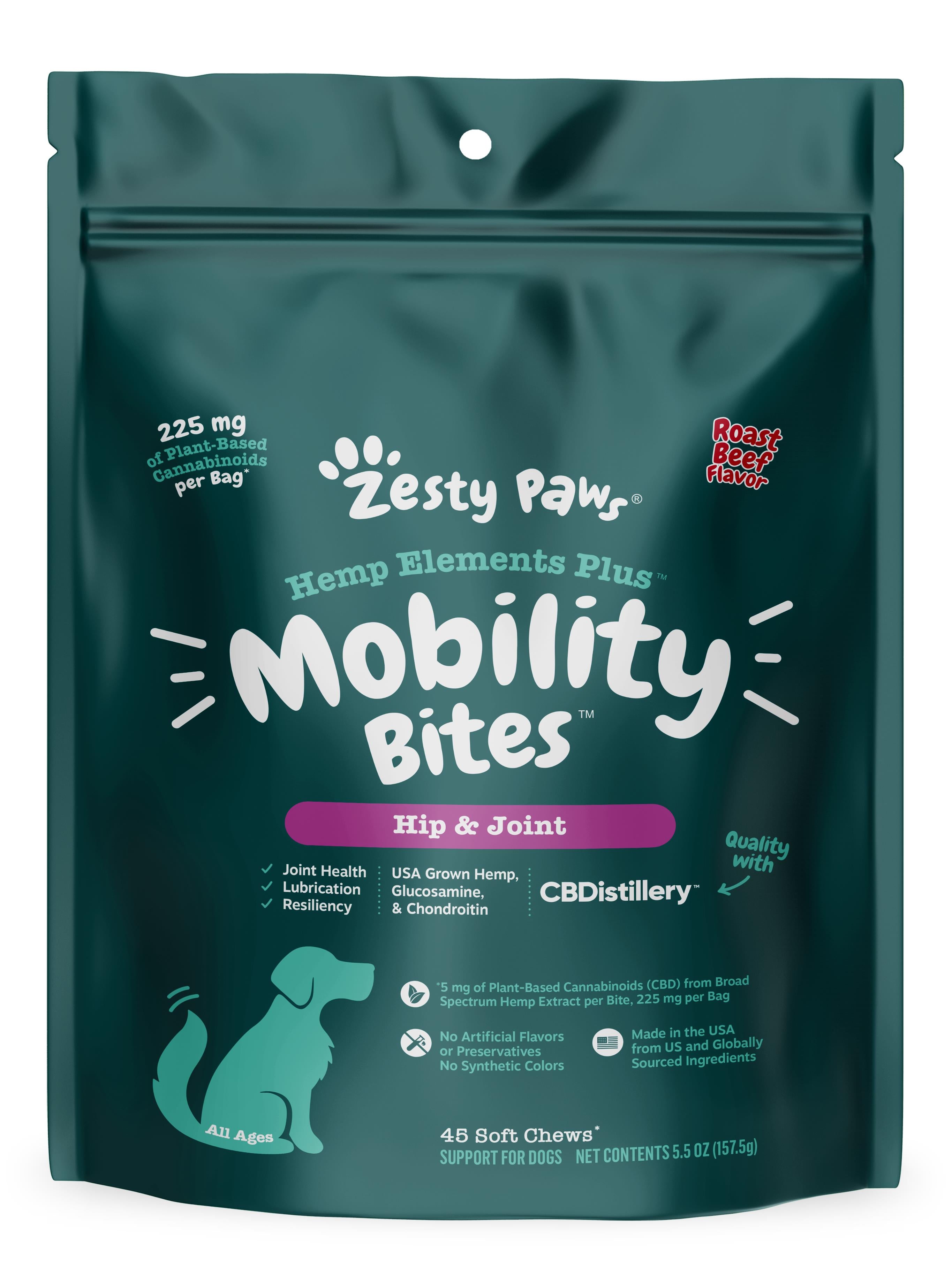 Zesty Paws Hemp Elements CBD Plus Mobility Bites Hip and Joint Roast Beef Flavor Soft Chew Dog Supplements - 45 Count  