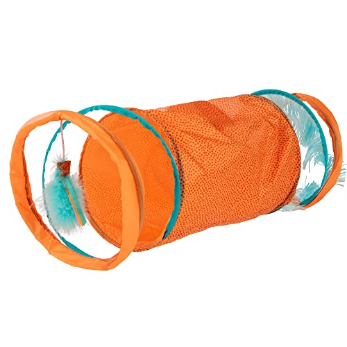 SmartyKat Instincts Teaser Collapsible Travel Cat Tunnel with Fringe and Feather Hanging Toy - Large