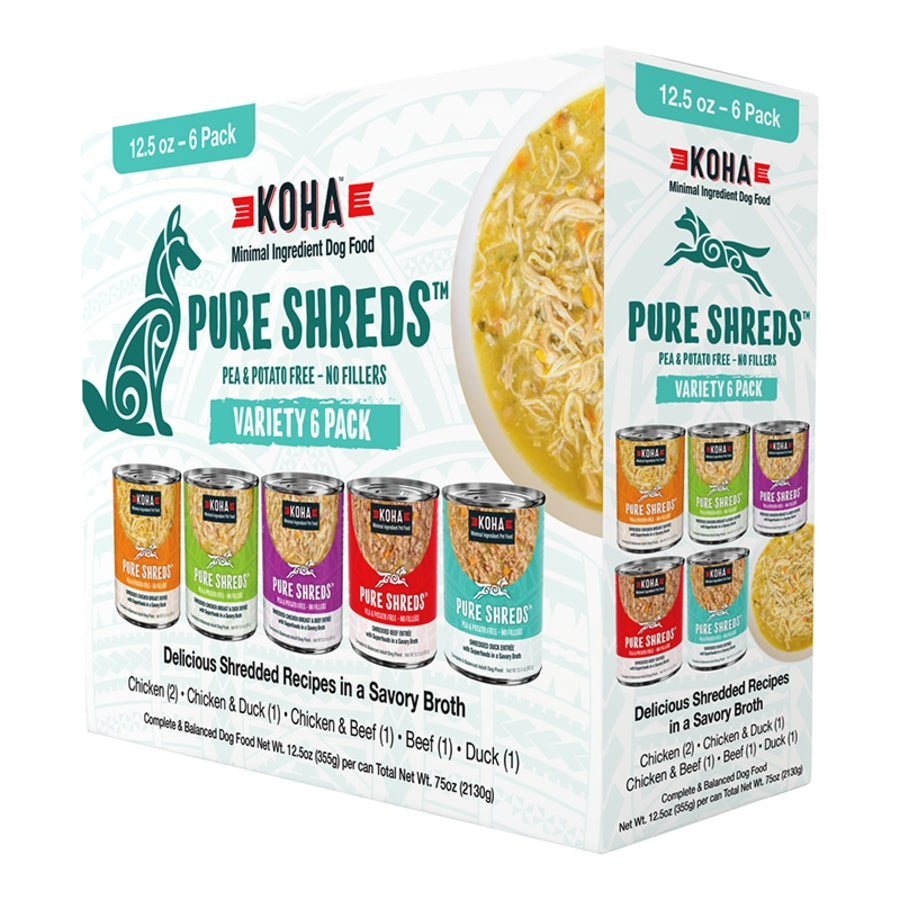 Koha Grain-Free Pure Shreds Shredded Chicken Duck and Beef Canned Dog Food - Cariety Pack - 12.5 Oz - Case of 12