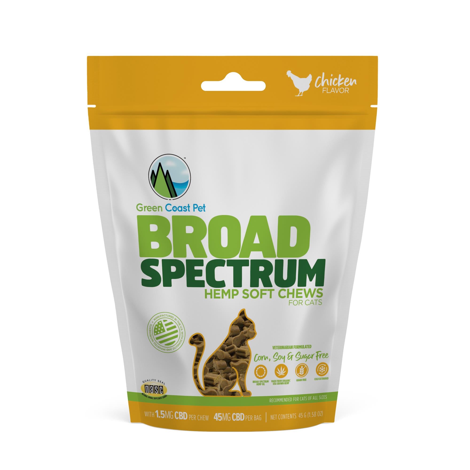 Green Coast Pet Broad Spectrum Hemp Chicken Soft Chews Cat Supplements - 45MG  