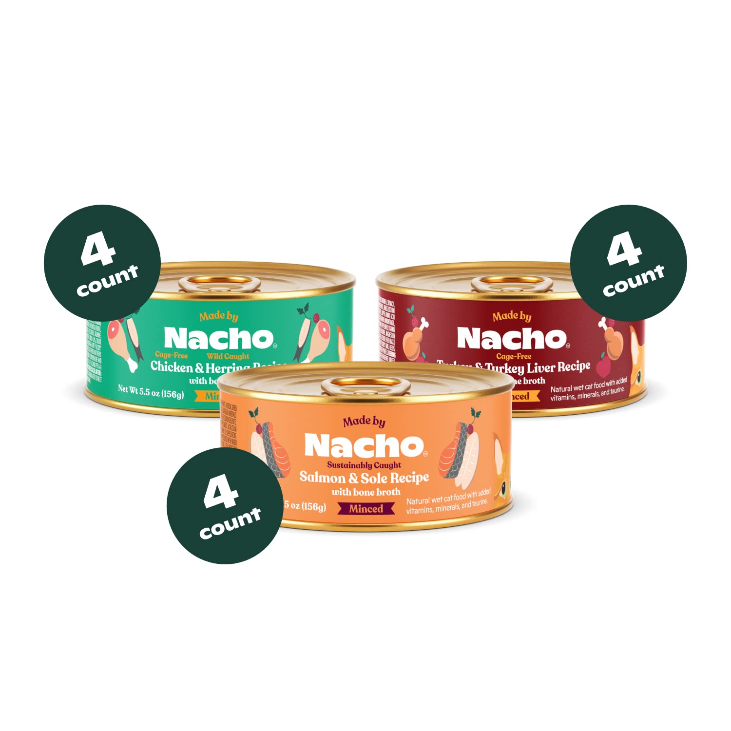 Made by Nacho Minced Chicken Salmon Turkey Herring Canned Cat Food - Variety Pack - 5.5 Oz - 12 Count  