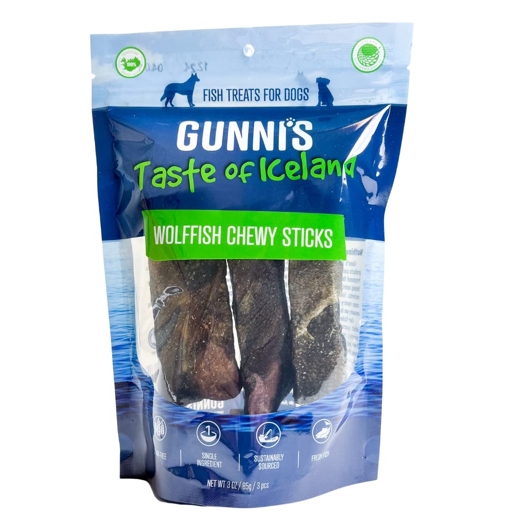 Gunnis Pet Grain-Free Wolffish Chewy Sticks Natural Air-Dried Dog Treats - 3 Pack