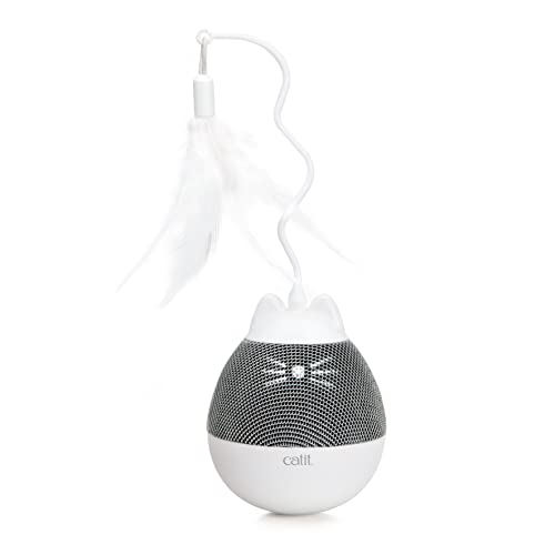 Catit PIXI Spinner Battery-Operated Treat Dispenser and Feather Teasing Spinning Cat Toy - Silver