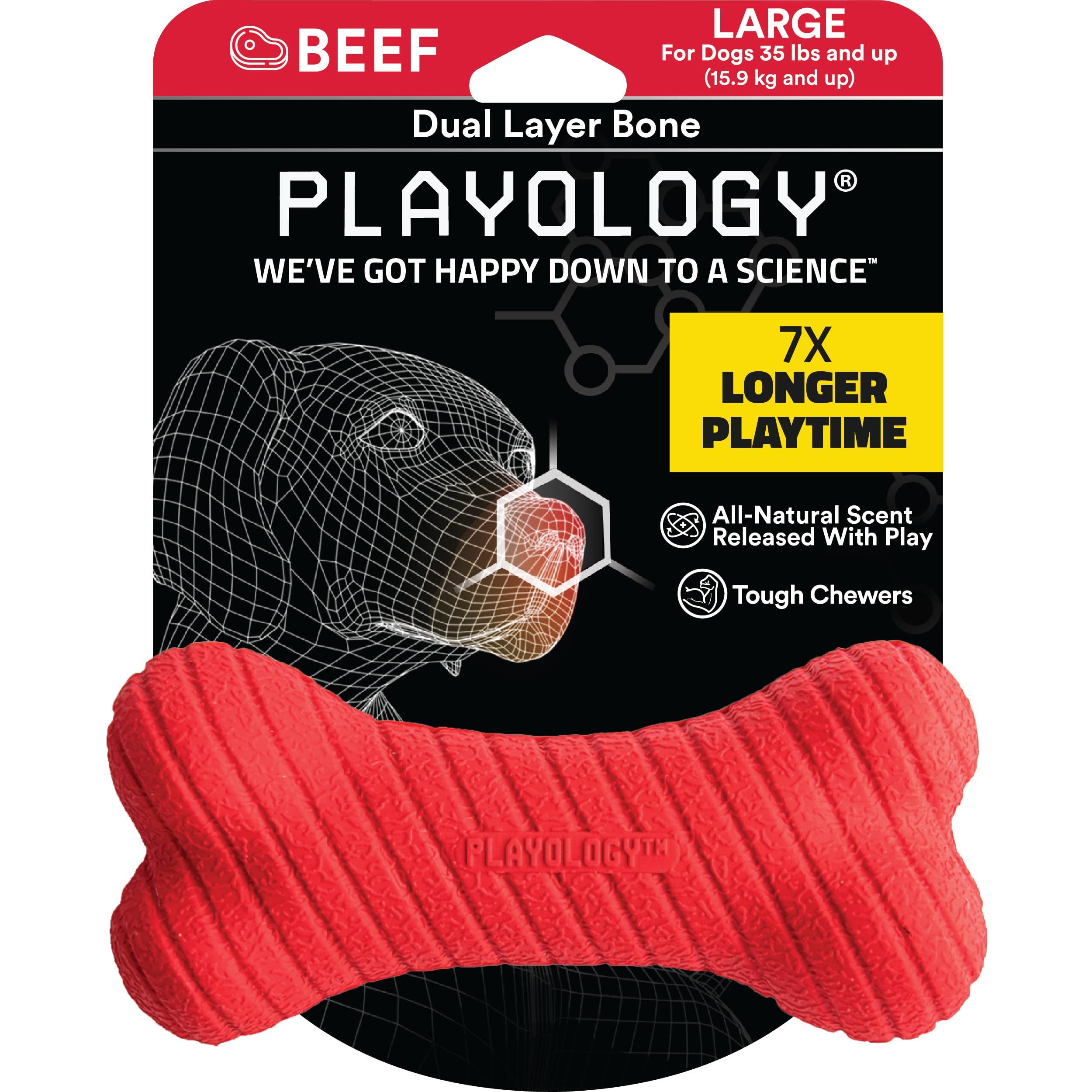 Playology Beef Scented Dual Layered Ring Rubber Dog Toy with Encapsiscent Techology - Large  