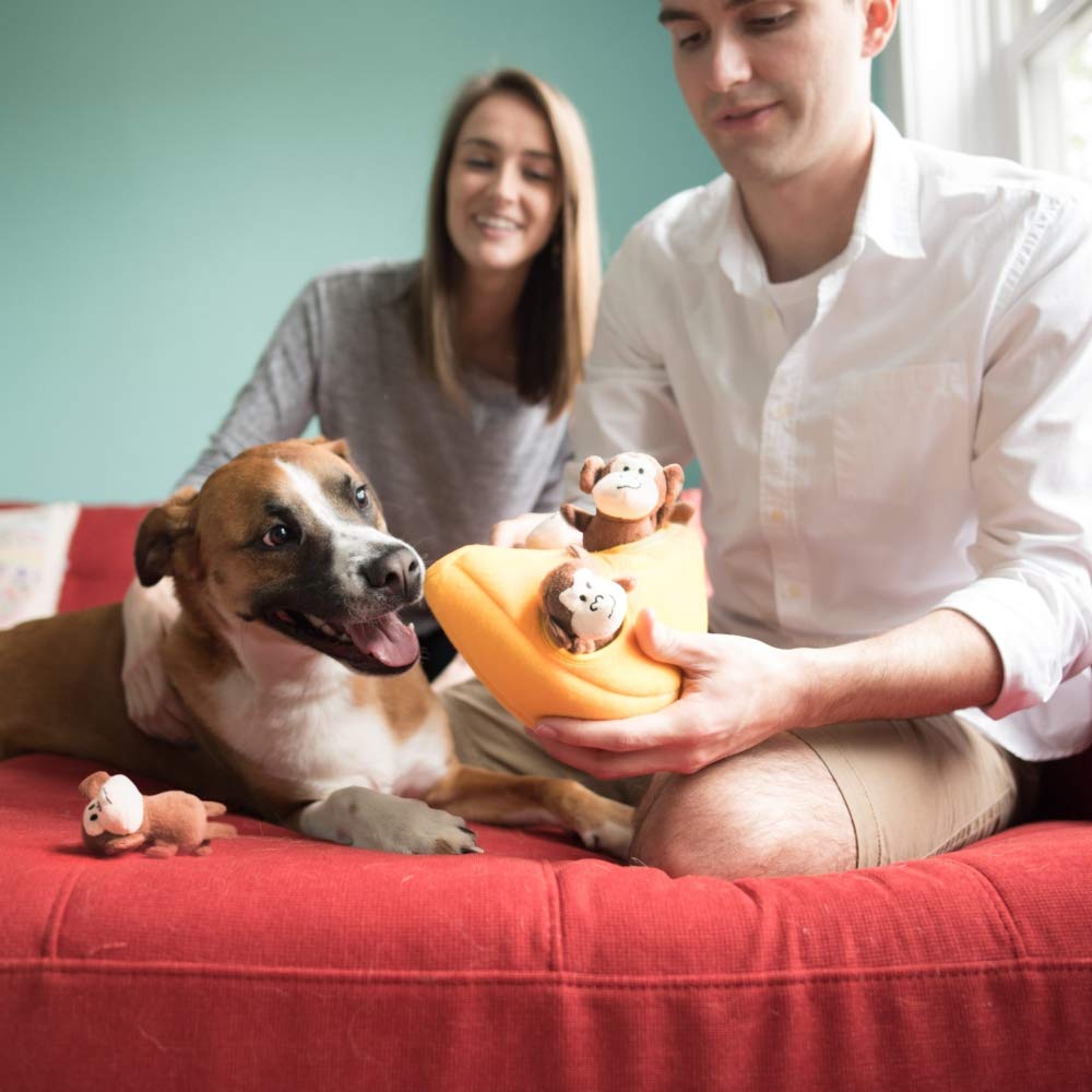 Zippy Paws Burrow Monkey and Banana Hide-and-Seek Interactive Squeak and Plush Dog Toy  