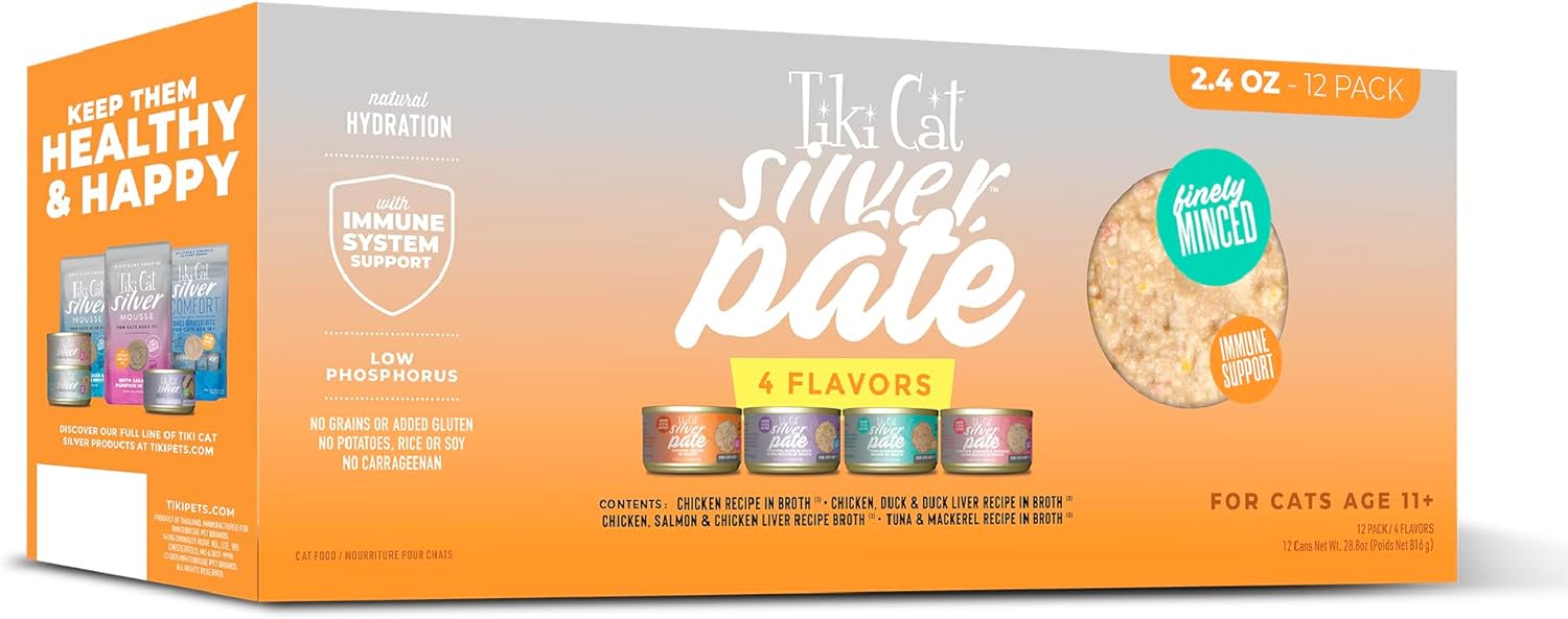 Tiki Cat Silver Pate Grain-Free Chicken Duck Salmon Tuna Mackerel in Broth Senior Adult Canned Cat Food - Variety Pack - 2.4 Oz - Case of 12 Default Title