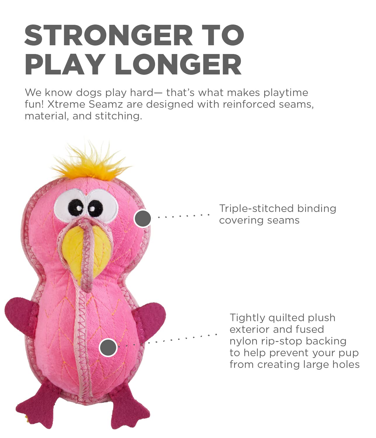 Outward Hound Xtreme Seamz Flamingo Squeak and Plush Reinforced Dog Toy  