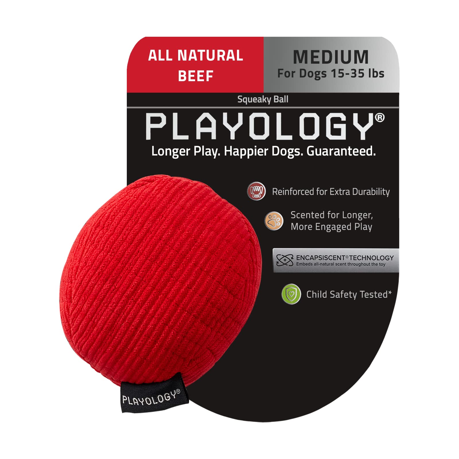 Playology Beef Scented Squeaky Ball Plush and Squeak Dog Toy with Encapsiscent Technology - Red - Medium  