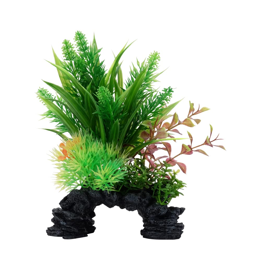 Fluval Ludwigia and Sagittarius Plastic Plant Set with Cave Aquarium Décor - 8 Inch