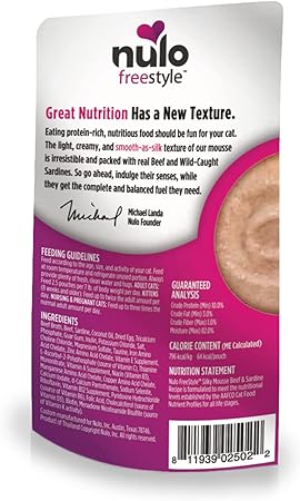Nulo Freestyle Silky Mousse Beef and Sardine Kitten and Adult Wet Cat Food Pouch - 2.8 Oz - Case of 24
