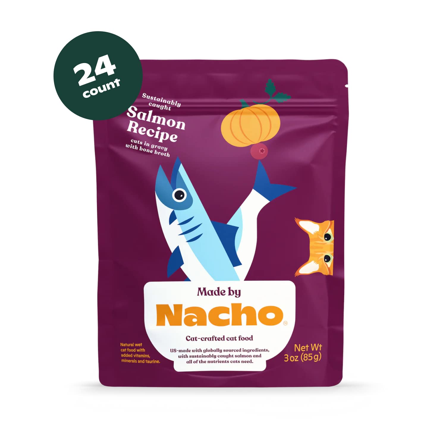 Made by Nacho Salmon and Gravy Cuts in Bone Broth Wet Cat Food Pouch - 3 Oz - Case of 24  