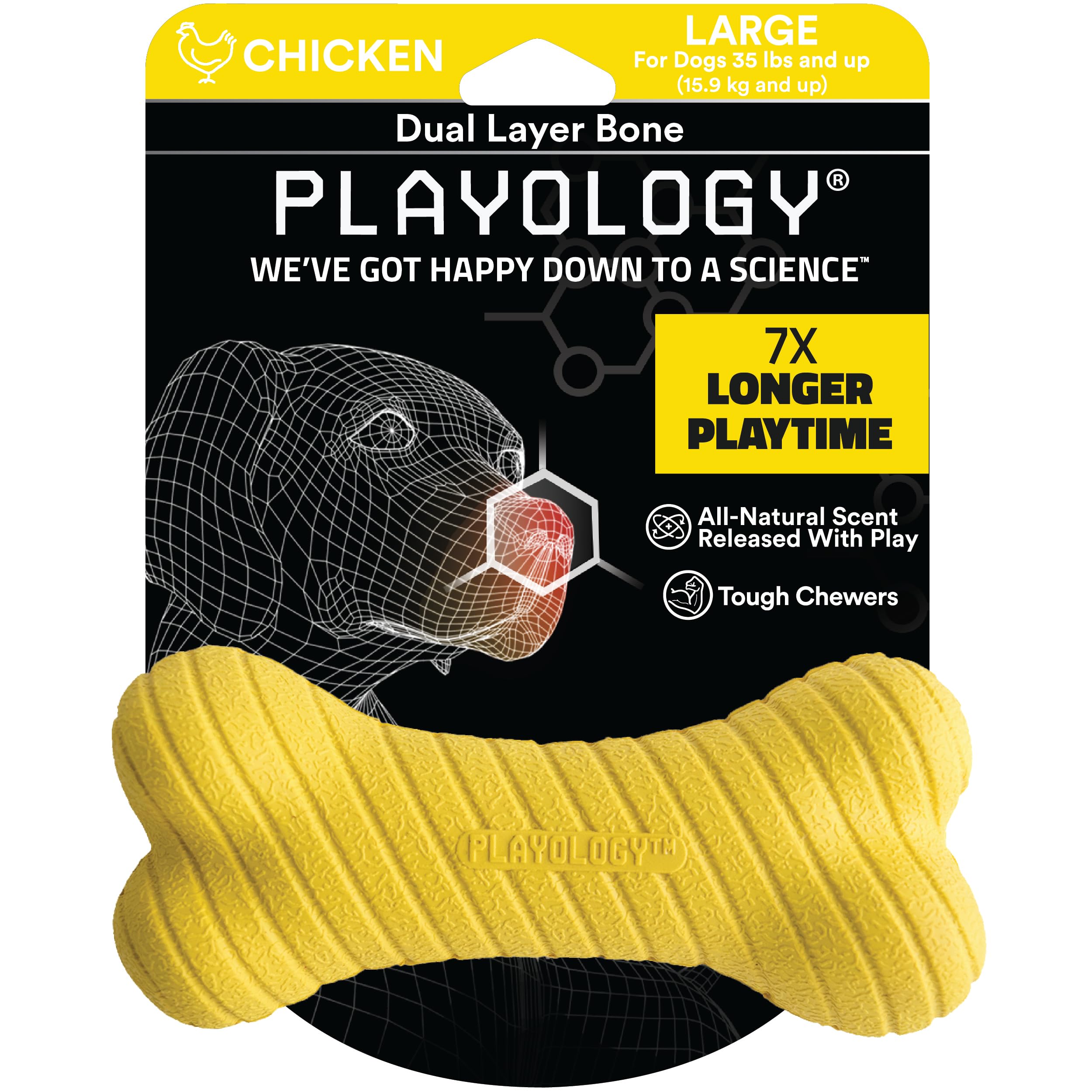 Playology Chicken Scented Dual Layered Bone Rubber Dog Toy with Encapsiscent Technology - Large  