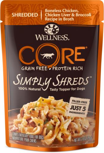 Wellness Core Bowl Boosters Simply Shreds Grain-Free Boneless Chicken Liver and Broccoli Wet Dog Food Topper Pouch - 2.8 Oz - Case of 12  