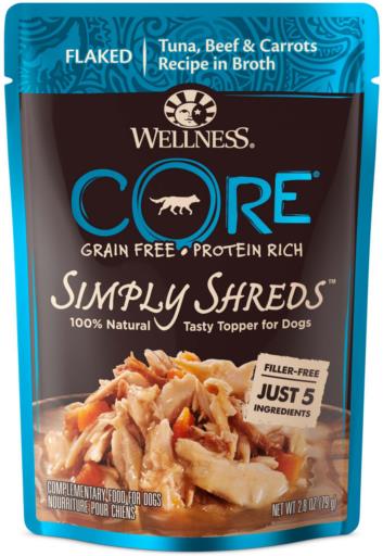 Wellness Core Bowl Boosters Simply Shreds Grain-Free Flaked Tuna Beef and Carrots Wet Dog Food Topper Pouch - 2.8 Oz - Case of 12  