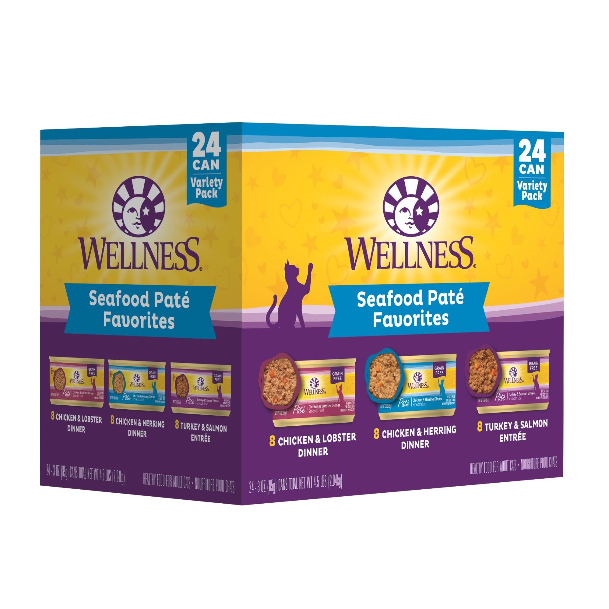 Wellness Complete Health Seafood Pate Favorites Chicken Lobster Herring Salmon and Turkey Canned Cat Food - Variety Pack - 3 Oz - Case of 12 - 2 Pack  