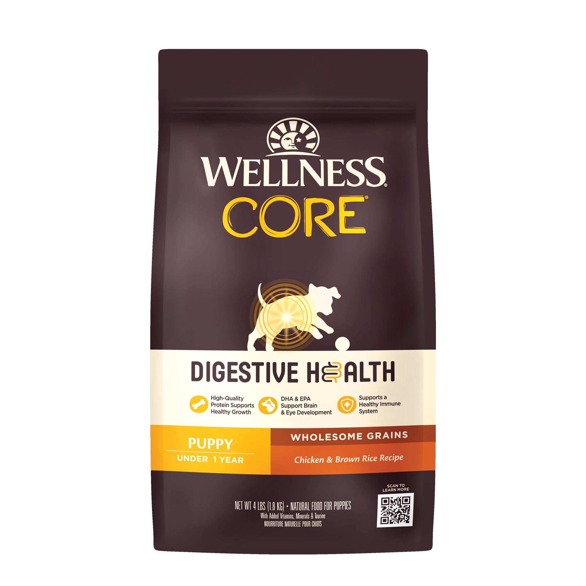 Wellness Core Digestive Health Chicken and Brown Rice with Wholeome Grains Puppy Formula Dry Dog Food - 4 Lbs  