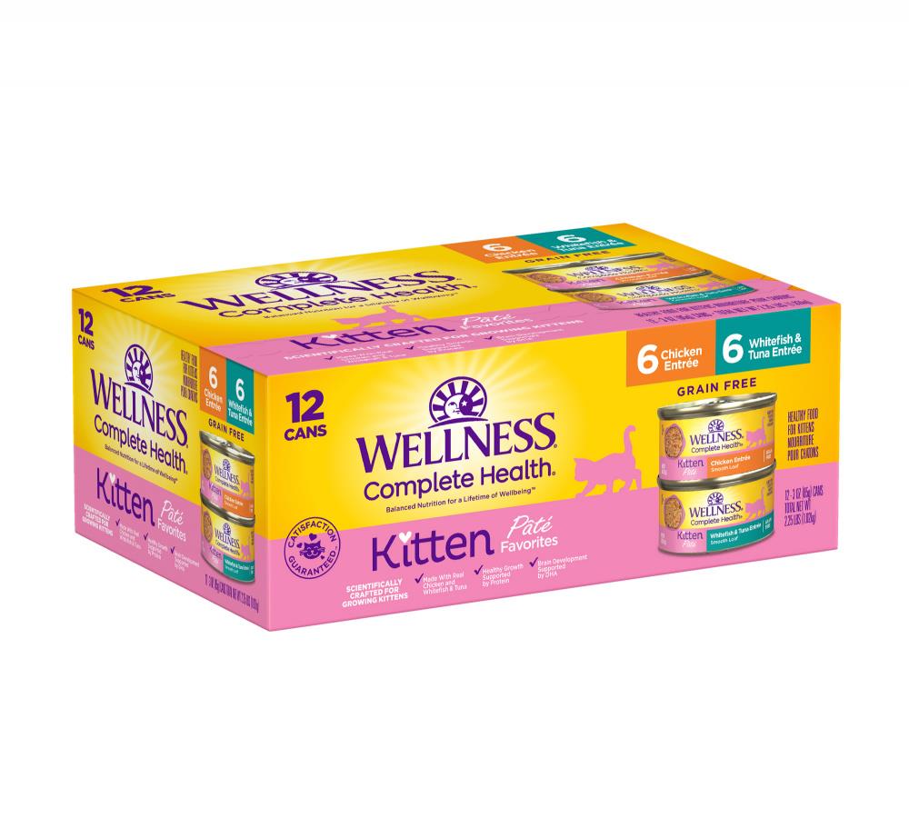 Wellness Complete Health Whitefish Tuna and Chicken Pate Kitten Formula Canned Cat Food - Variety Pack - 3 Oz - Case of 12 - 2 Pack  