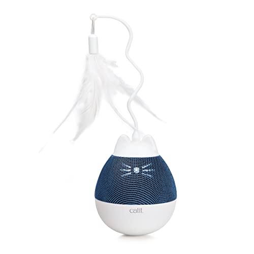 Catit PIXI Spinner Battery-Operated Treat Dispenser and Feather Teasing Spinning Cat Toy - Blue