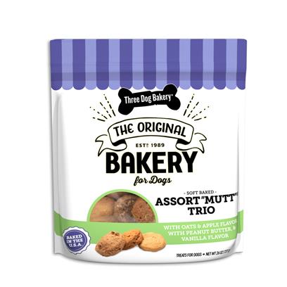 Three Dog Bakery Asort "Mutt" Trio Apple Oats Peanut Butter and Vanilla Baked Dog Treats - Assorted Pack - 26 Oz - Case of 4