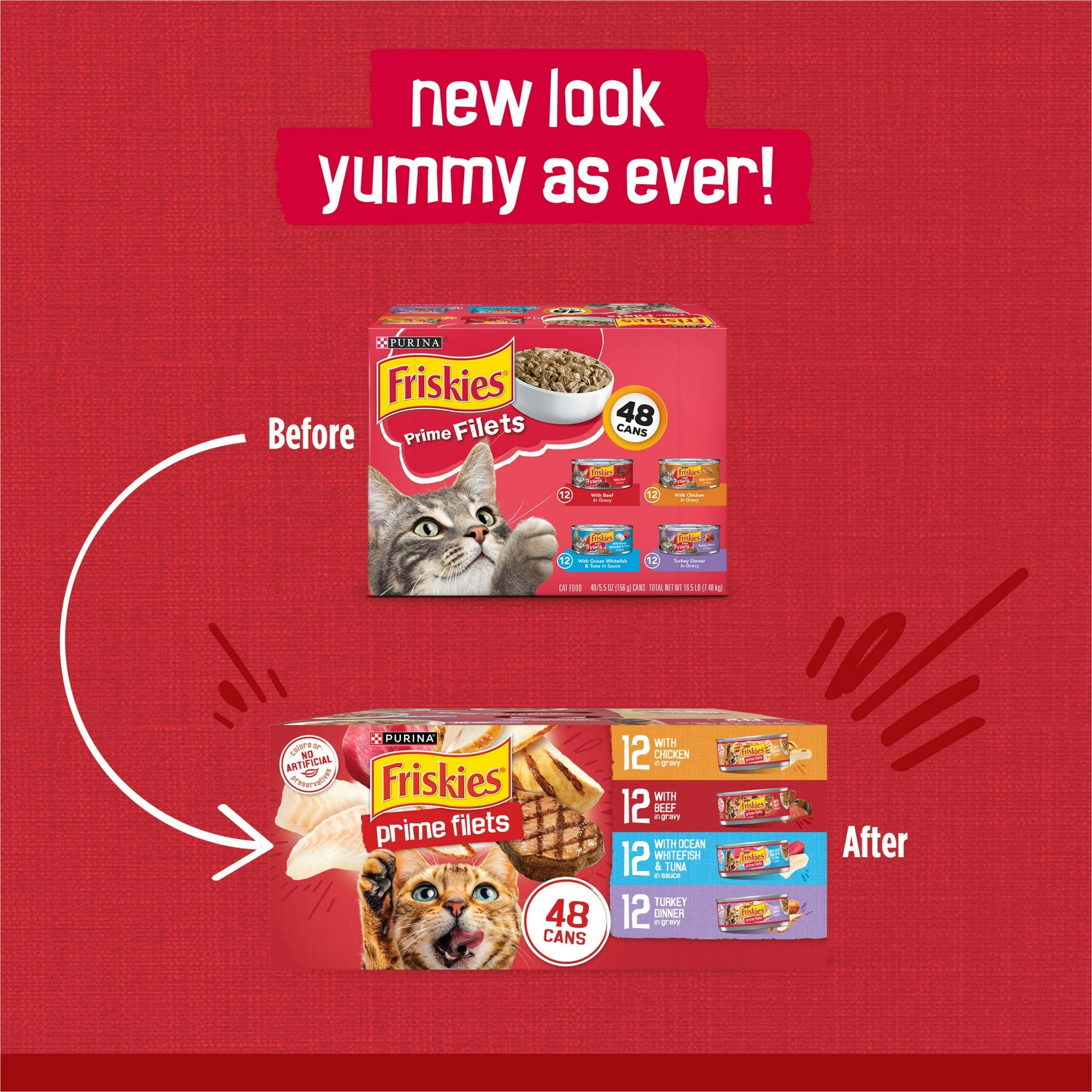 Purina Friskies Prime Filets Beef Chicken Turkey and Whitefish Canned Cat Food - Variety Pack - 5.5 Oz - Case of 48