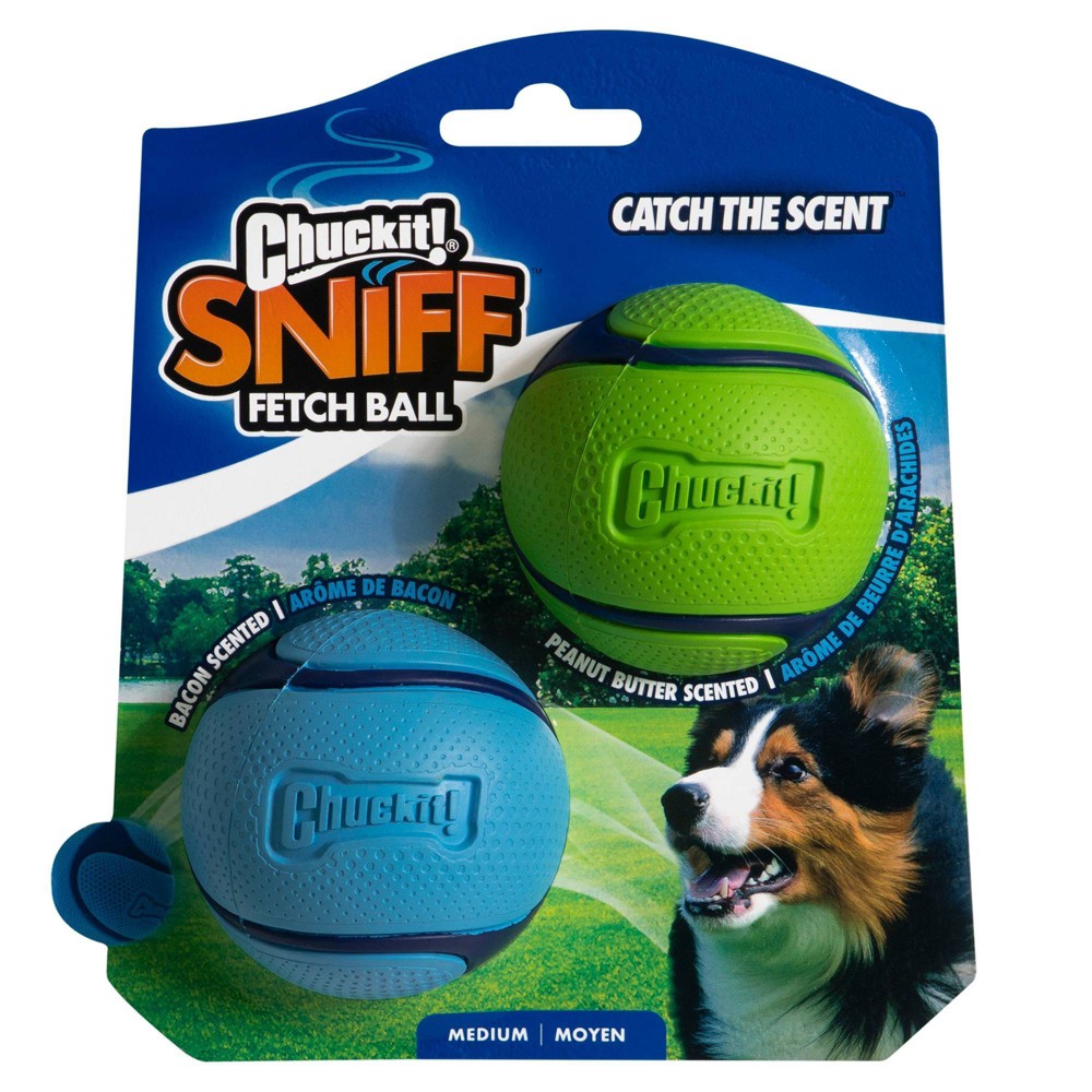 Chuckit! Petmate Sniff Ball High-Bounce Bacon and Peanut Butter Scented Rubber Dog Toys - Medium - 2.5 Inch -2 Pack