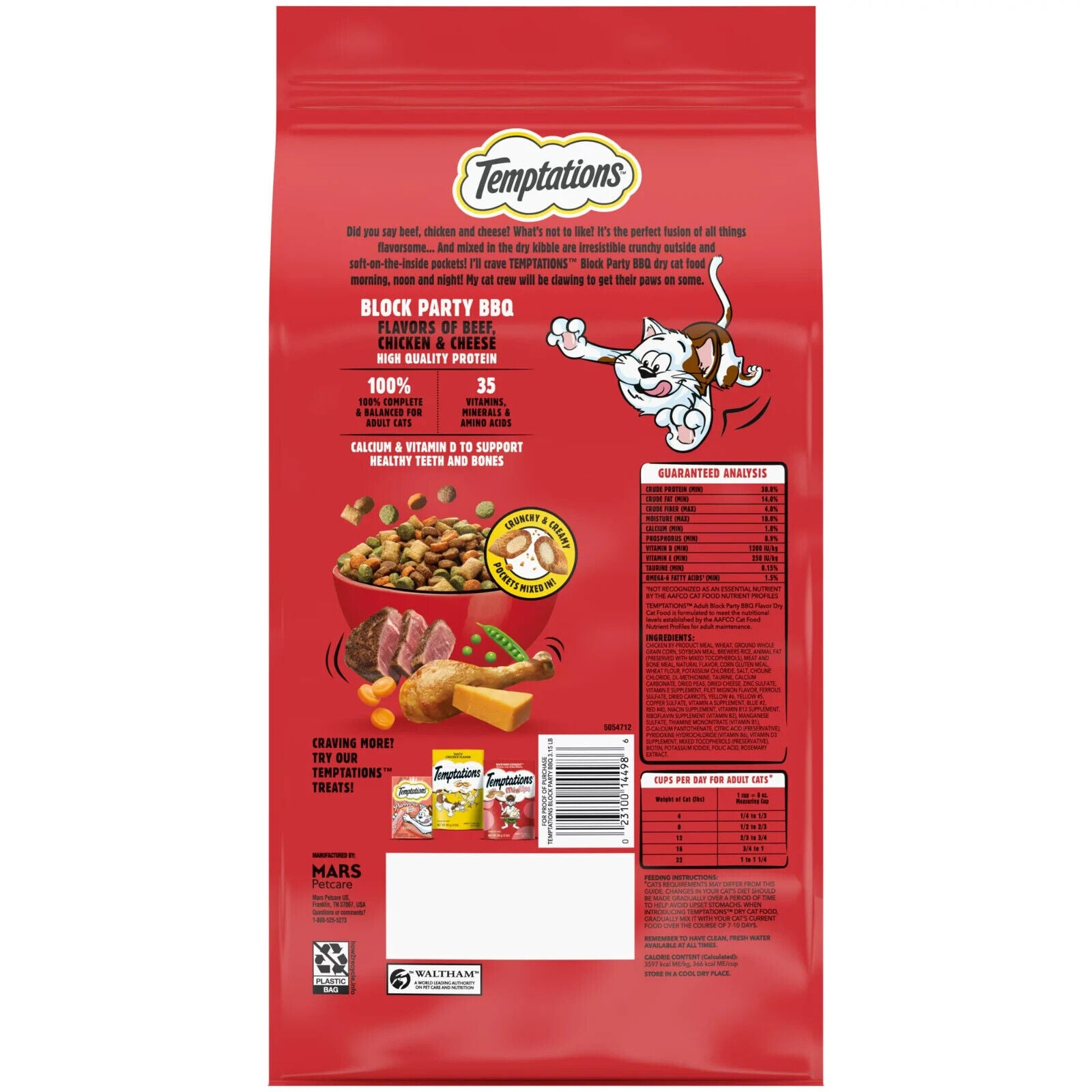 Whiskas Temptations Block Party BBQ with Beef Chicken and Cheese Crunch and Creamy Adult Dry Cat Food - 3.15 Lbs - Case of 4