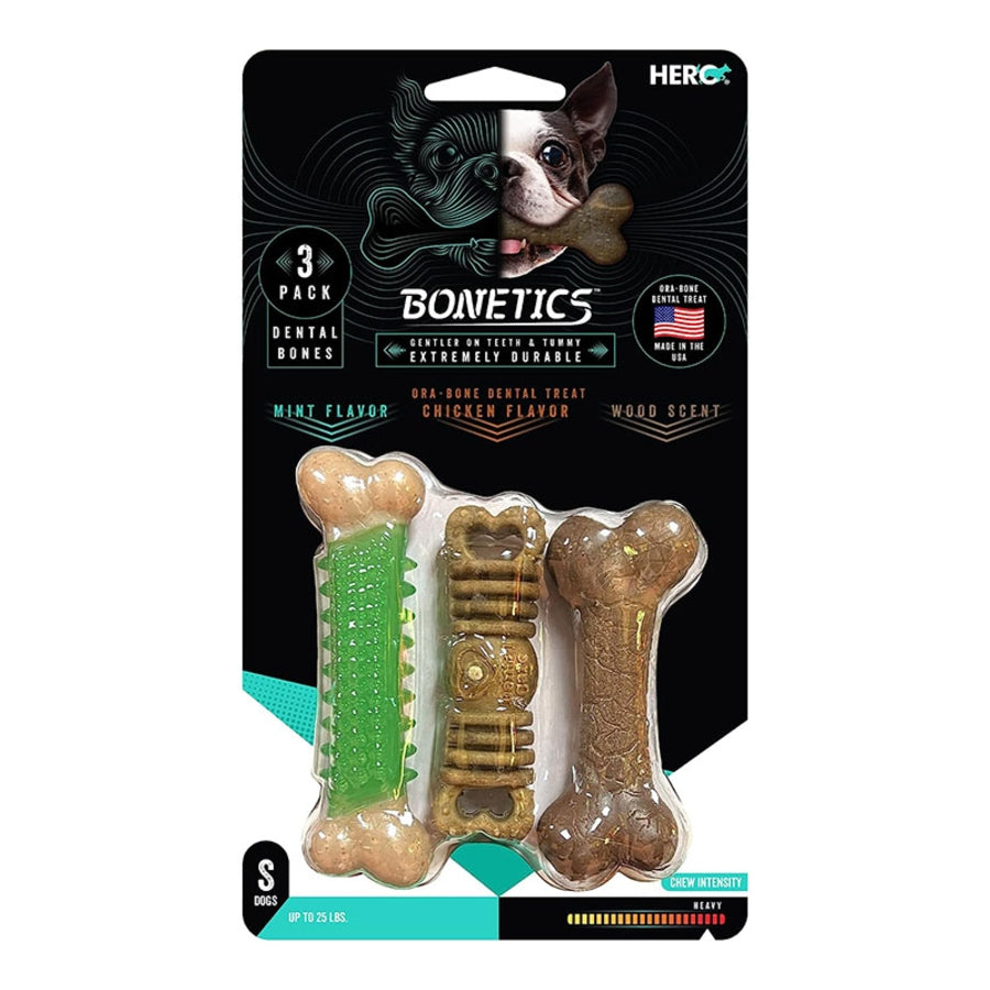 Hero Bonetics Chicken Mint and Wood Flavored Bones Dental Dog Toys or Treats - 3 Pack