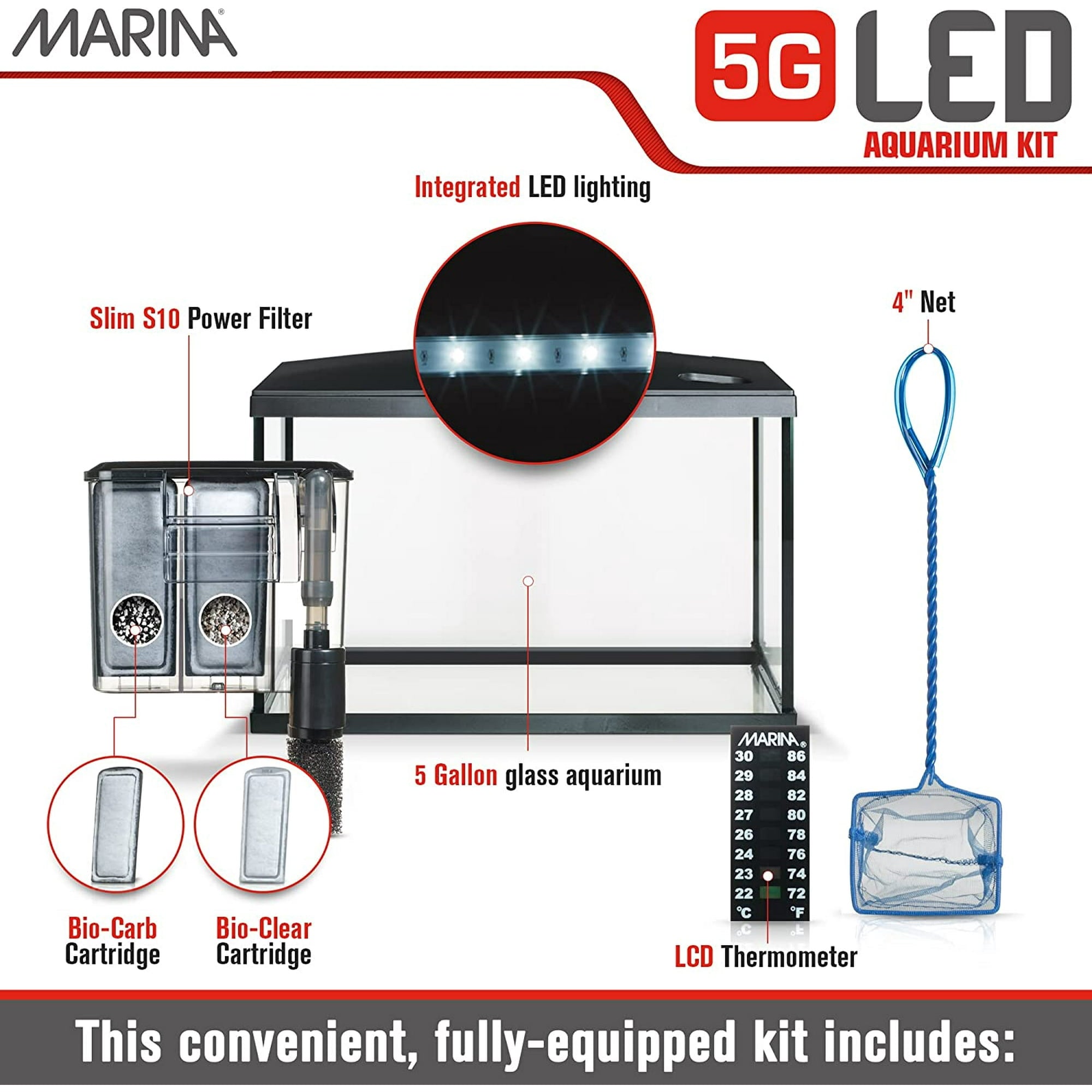Hagen Marina LED Glass Aquarium Kit with Power Filter Net and Thermometer - 5 Gallons - L:16 X W:8.5 X H:10.5 Inches