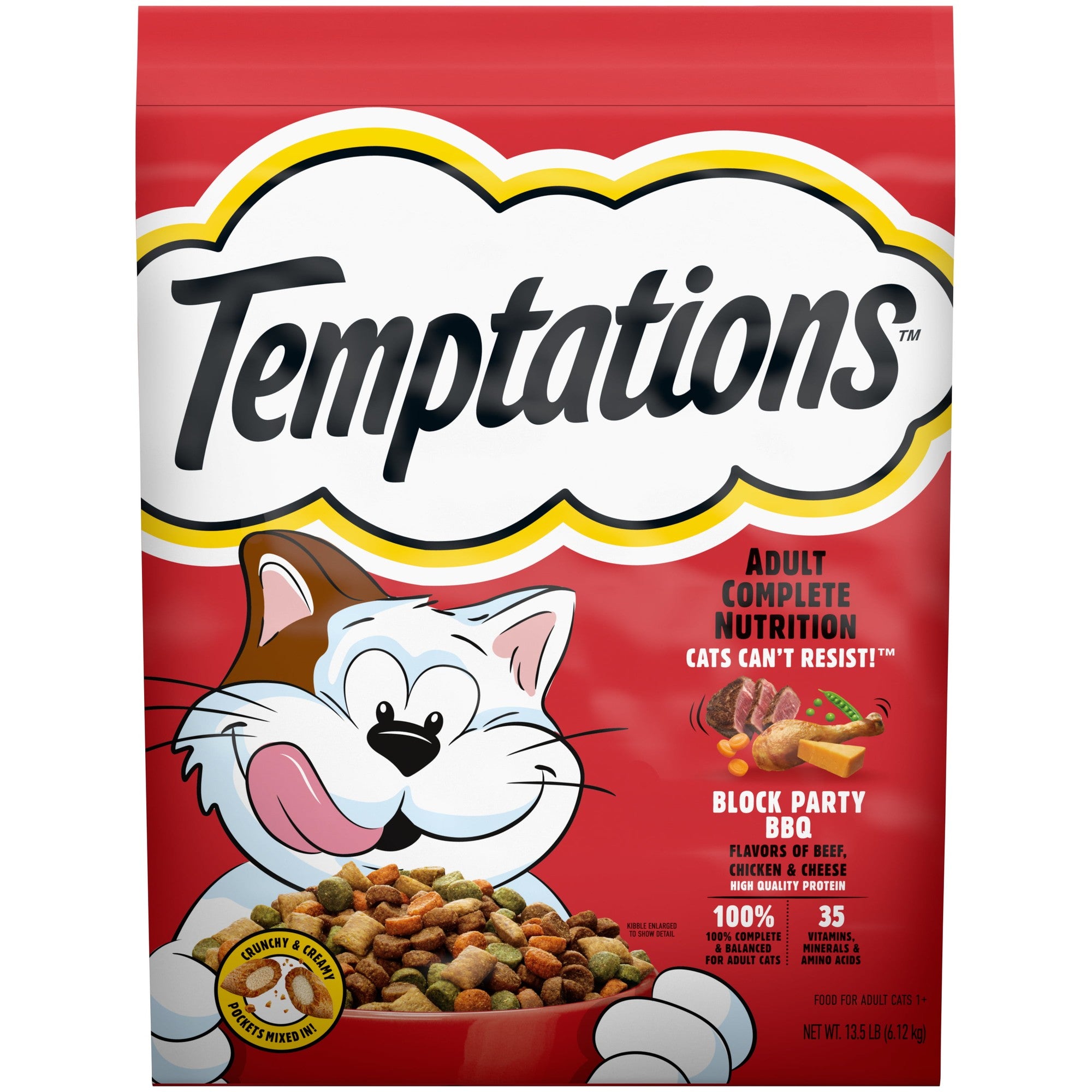 Whiskas Temptations Block Party BBQ with Beef Chicken and Cheese Crunch and Creamy Adult Dry Cat Food - 13.5 Lbs