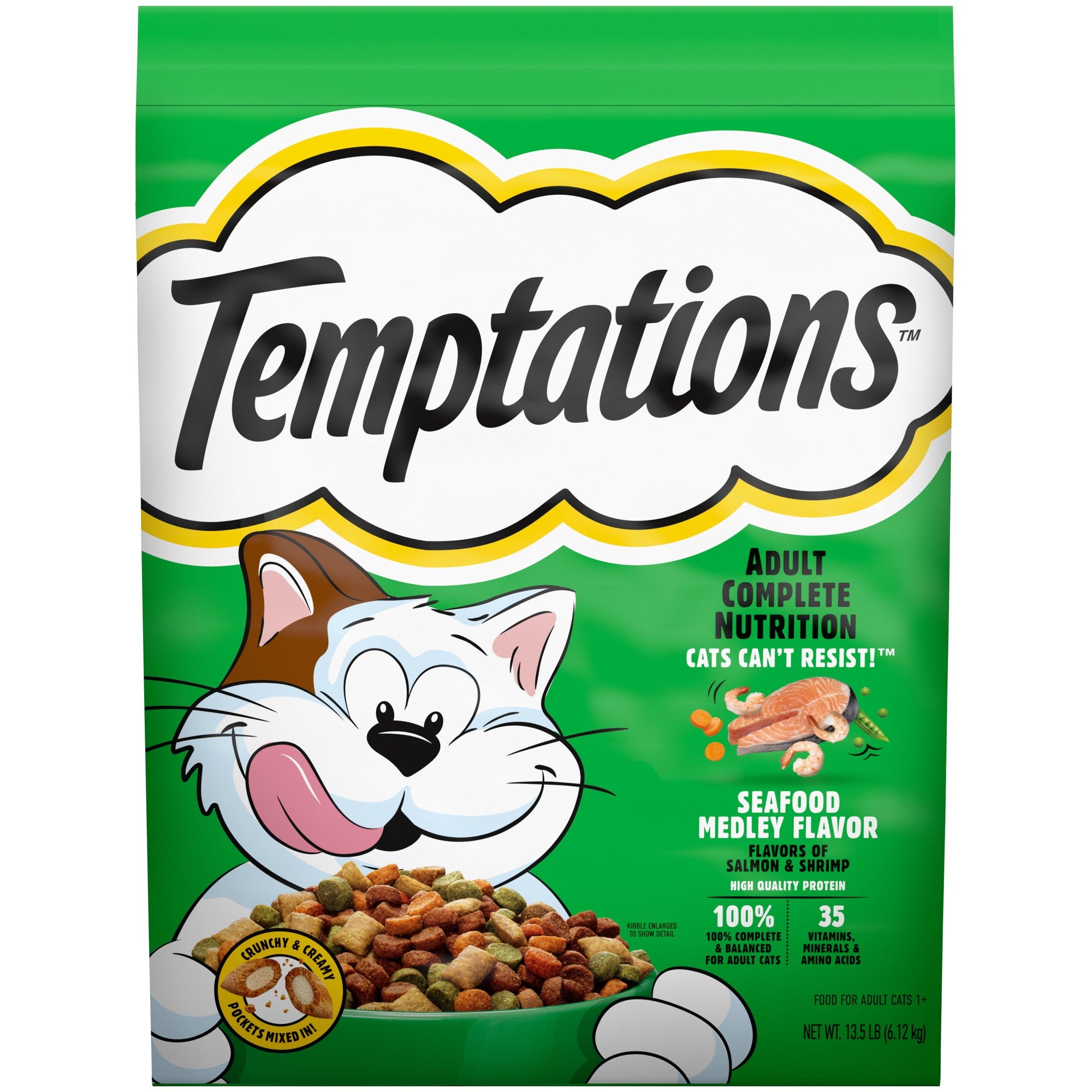 Whiskas Temptations Seafood Medley with Shrimp and Salmon Crunch and Creamy Adult Dry Cat Food - 13.5 Lbs