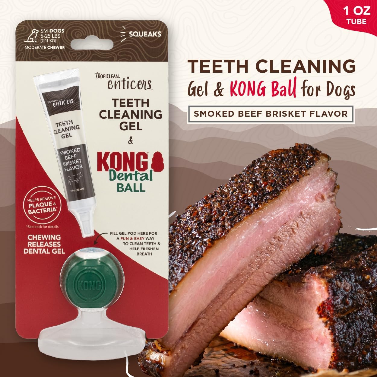 Tropiclean Enticers Smoked Beef Teeth Cleaning Dental Gel Kit with Kong Ball Dog Toy - 1 Oz - Small Ball
