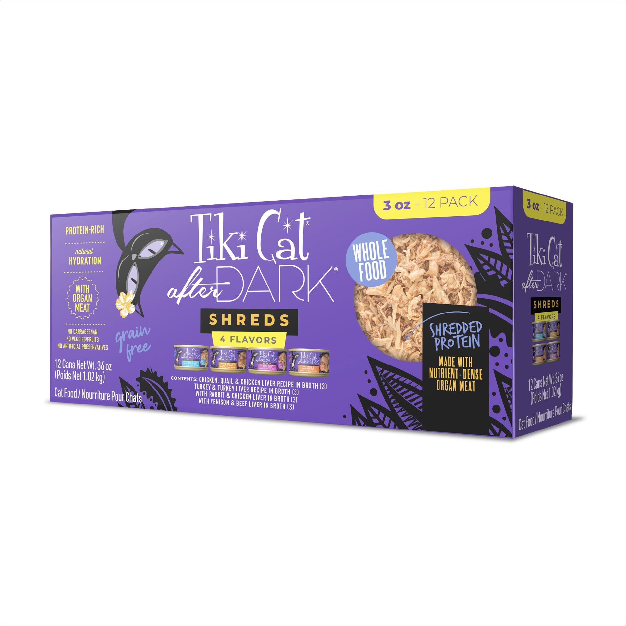 Tiki Cat After Dark Shreds Grain-Free Chicken Turkey Rabbit Vension with Liver in Broth Canned Cat Food - Variety Pack - 3 Oz - Case of 12 Default Title