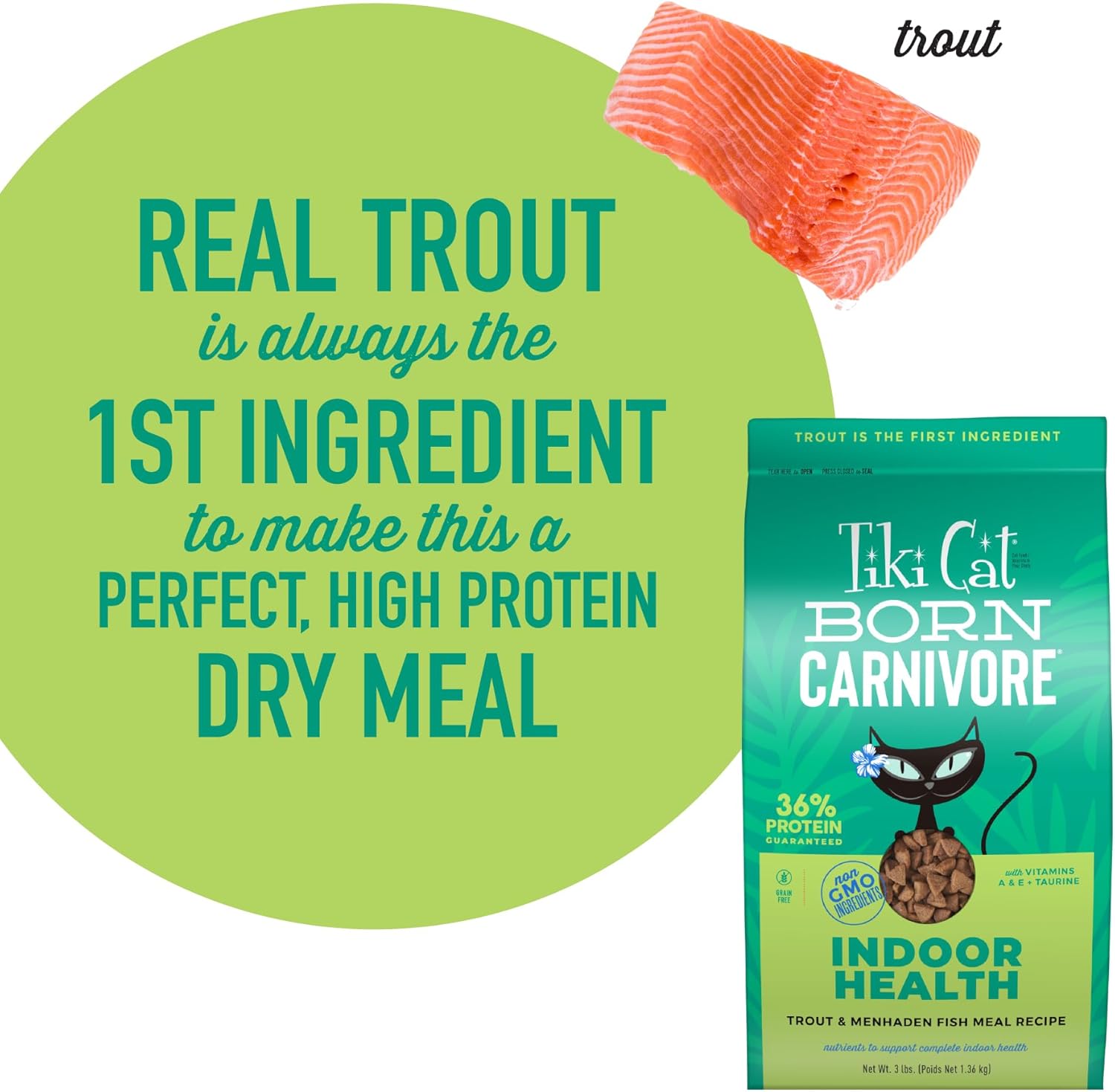 Tiki Cat Born Carnivore Indoor Health High-Protein Trout and Menhaden Fish Dry Cat Food - 3 Lbs