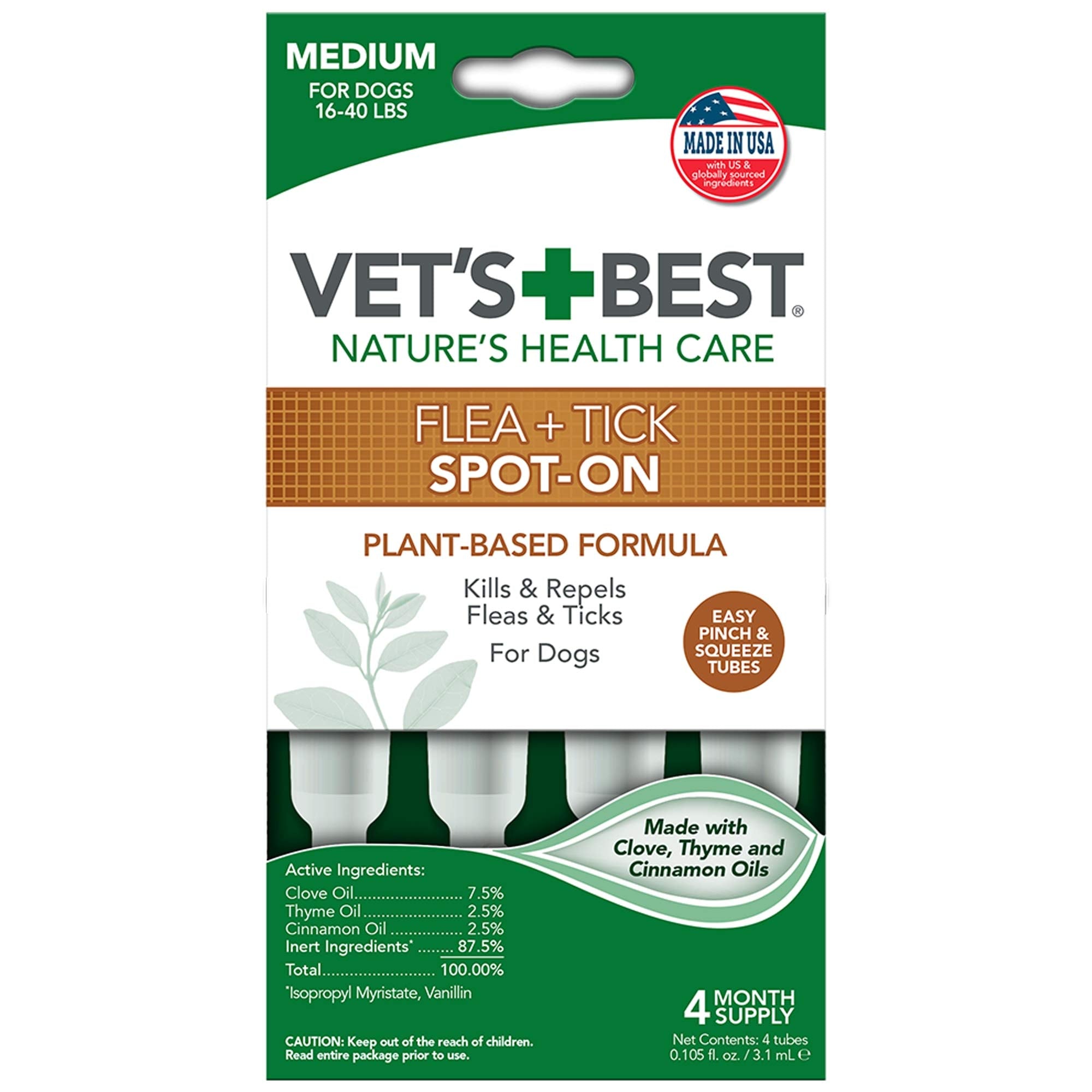 Vet's Best Plant Based Flea and Tick Spot-On Treatment Drops for Dogs - 3.1 ml - Medium - 4 Count  