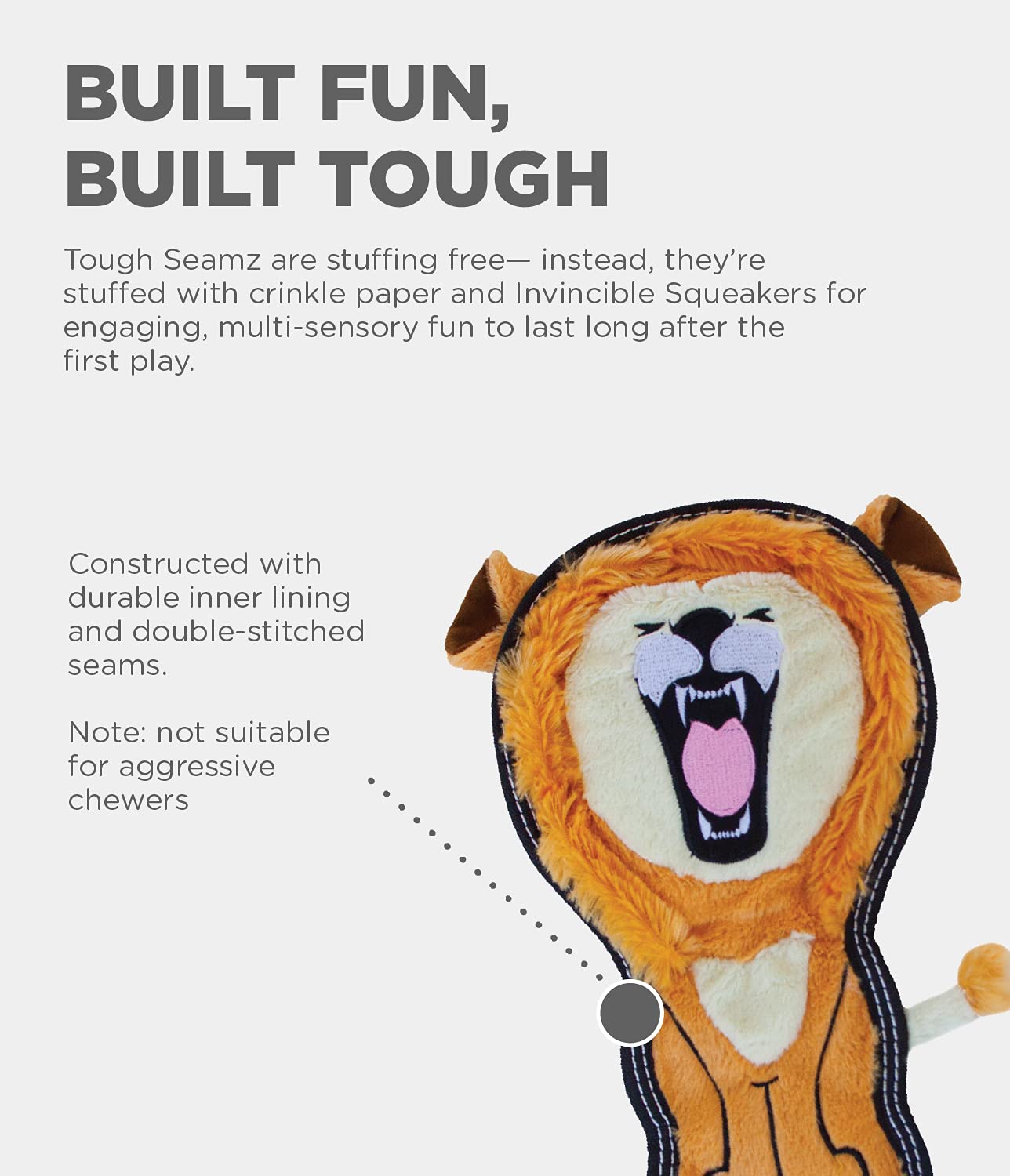 Outward Hound Tough Seamz No-Stuffing Lion Invinceable Squeaker Soft Dog Toy - Medium  