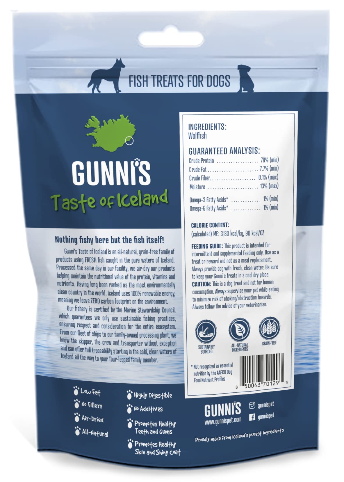 Gunnis Pet Grain-Free WolfFish Skin Shorties Natural Air-Dried Dog Treats - 2.5 Oz