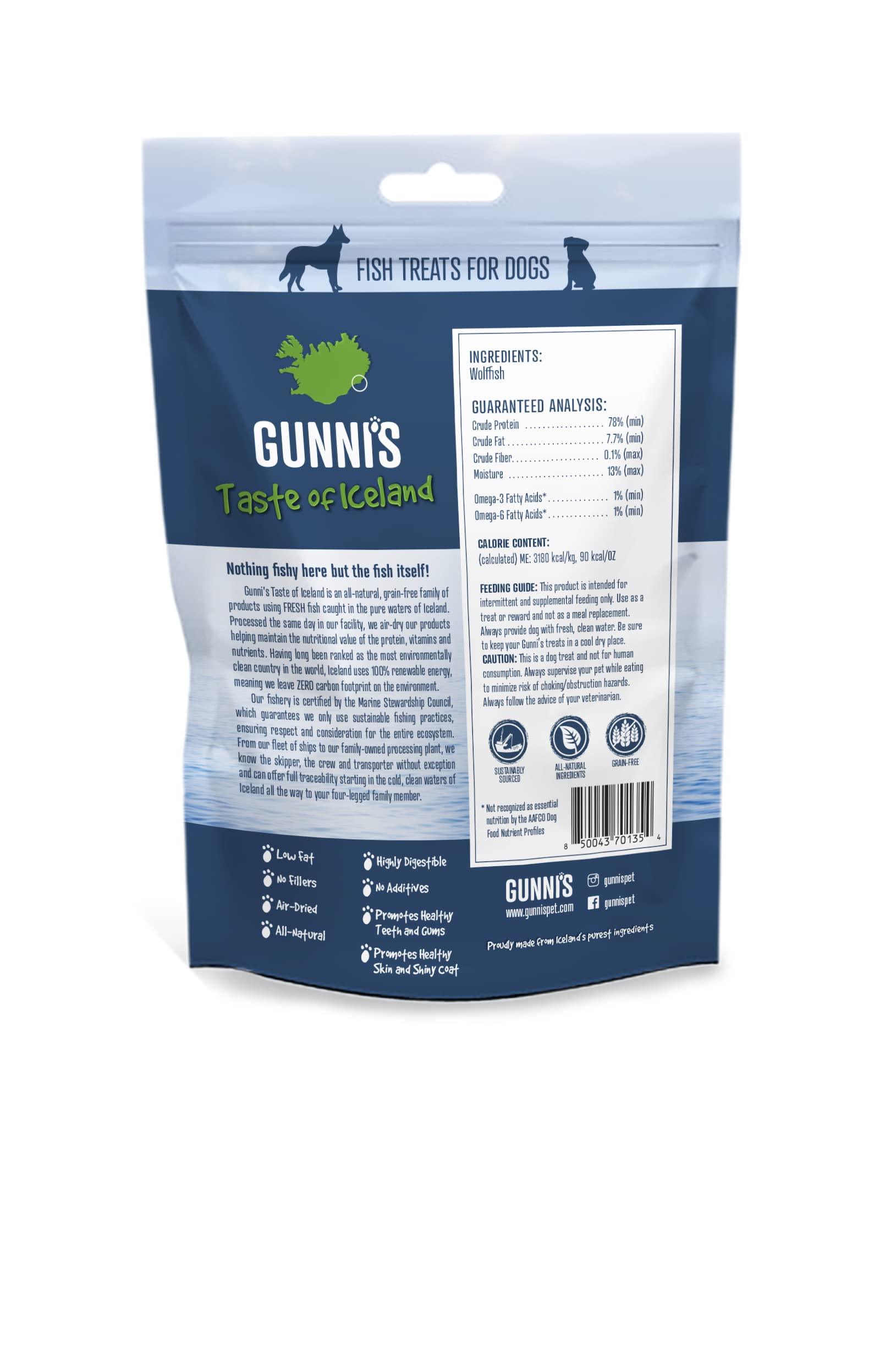 Gunnis Pet Grain-Free Wolffish Chewy Sticks Natural Air-Dried Dog Treats - 3 Pack