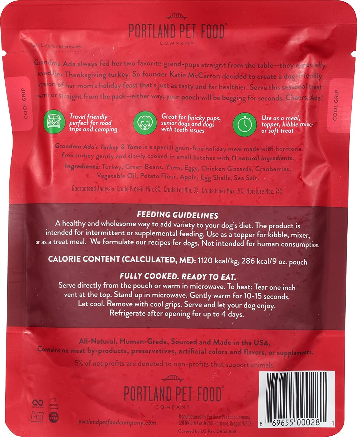 Portland Pet Food Homestyle Grandma Ada's Turkey N' Yams Wet Dog Food Pouch - 9 Oz - Case of 8  