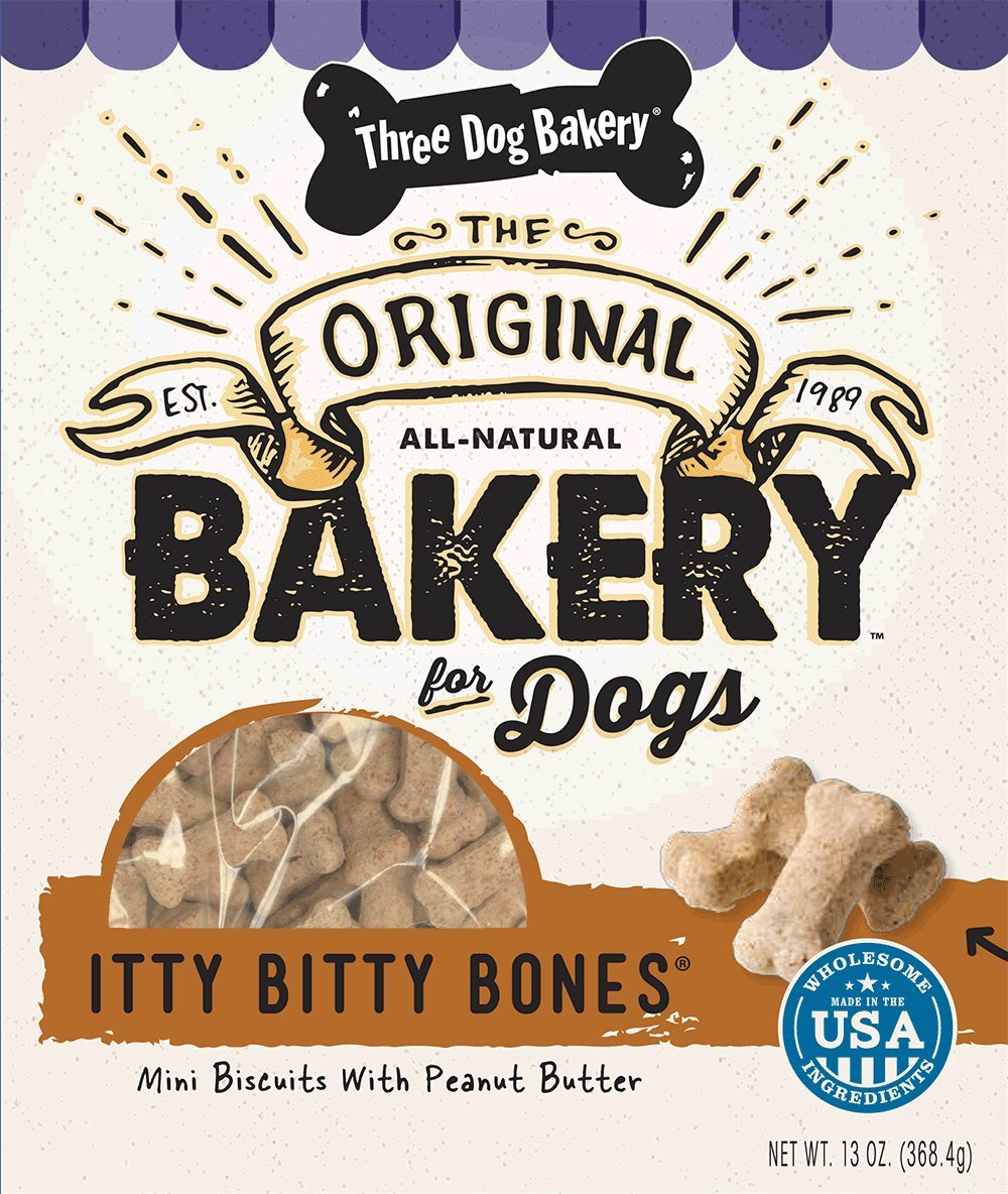 Three Dog Bakery Itty Bitty Bones Peanut Butter Baked Dog Bicuits Treats - 13 Oz - Case of 6  